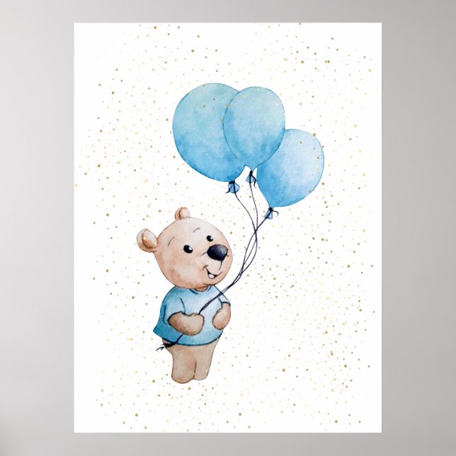 Poster Urso de Teddy com Urso de Aquarela de Balões (Frente)