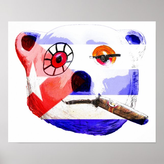 Poster Urso de Teddy Cuba com Charuto, com Bandeira Cuban (Frente)