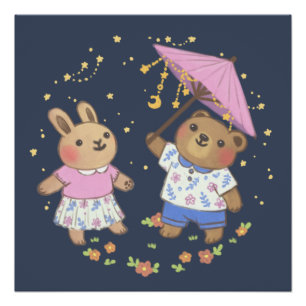 Pôster Urso de Teddy e Coelhinho sob a Ilustração das Est