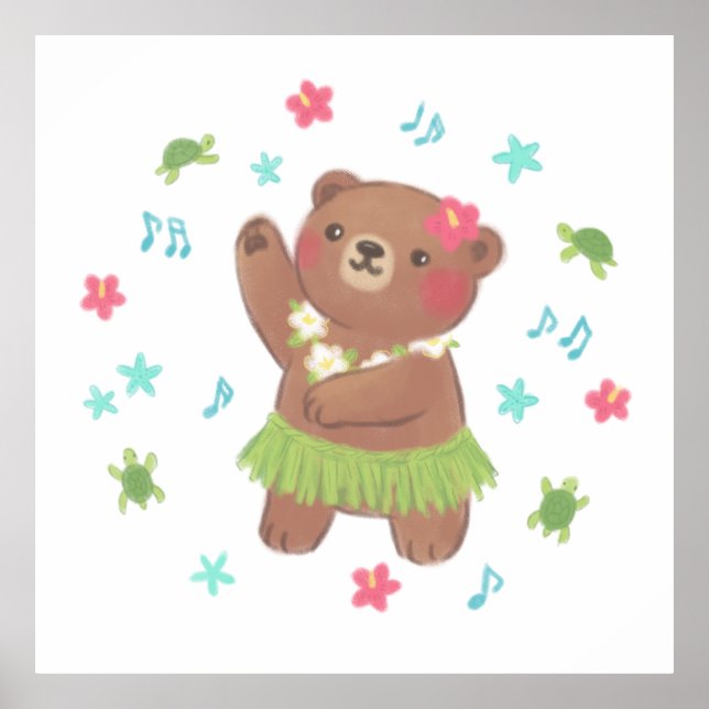 Poster Urso de Teddy na Ilustração do Havaí (Frente)