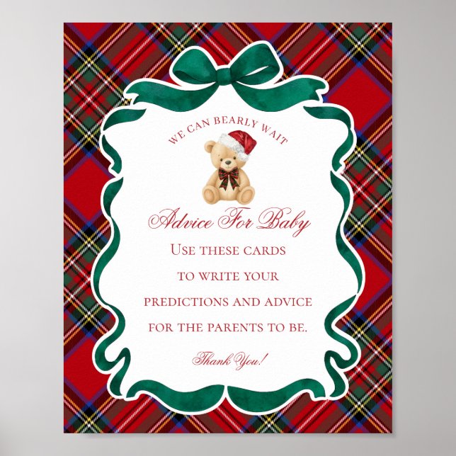 Poster Urso de Xadrez Vermelho de Natal: Dicas para Bebê (Frente)