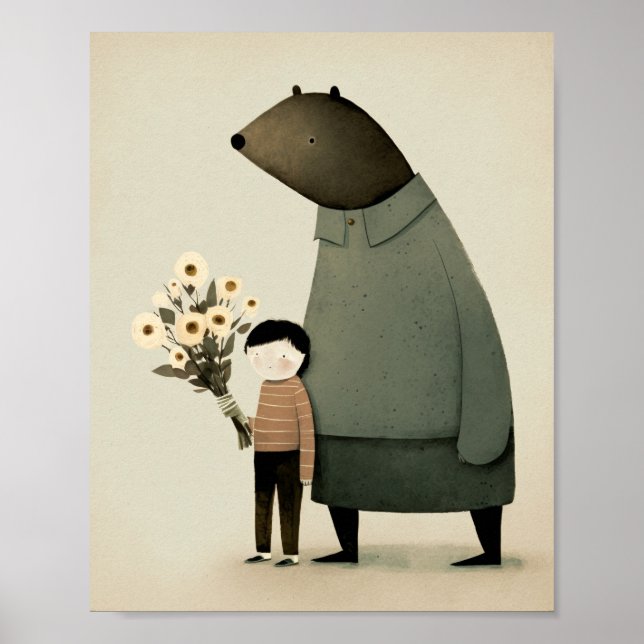 Poster Urso e menino bonitinho de desenho animado. Floral (Frente)
