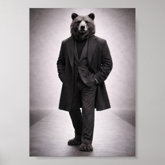 Poster Urso Elegante em Retrato de Terno Escuro Clássico