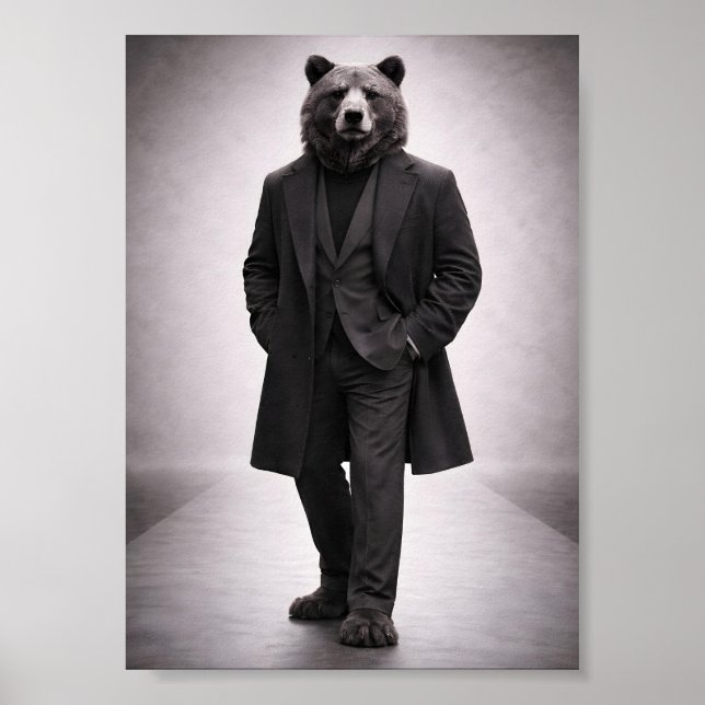 Poster Urso Elegante em Retrato de Terno Escuro Clássico (Frente)