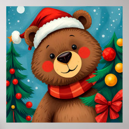 Poster Urso em Santa Chapéu entre Árvores de Natal