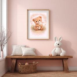 Poster Urso Fofo & Coelho Neutro Quarto de Crianças