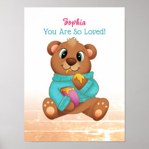 Poster Urso Fofo Comendo Mel, Nome da Criança e Mensagem