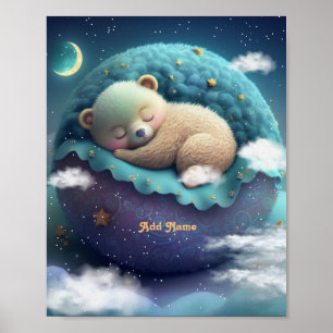 Poster Urso Fofo Dormindo Almofada Azul Estrelas Lua Berç