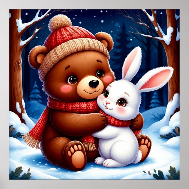 Poster Urso Fofo Segurando Coelho (Frente)