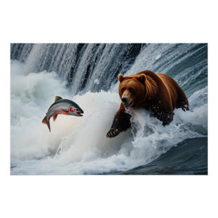 Pôster Urso Grizzly Captando Salmão