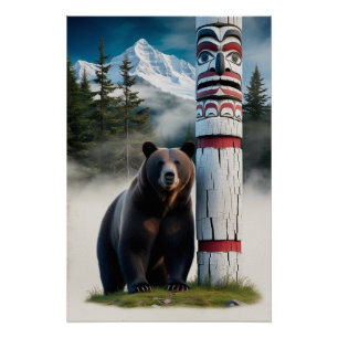 Pôster Urso Grizzly com Arte de Vida Selvagem Totem Pole