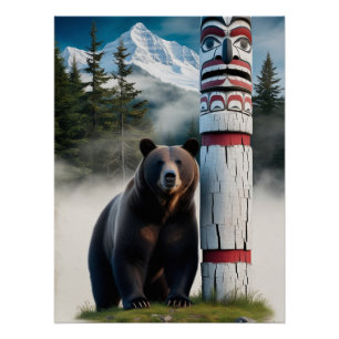 Pôster Urso Grizzly com Arte de Vida Selvagem Totem Pole