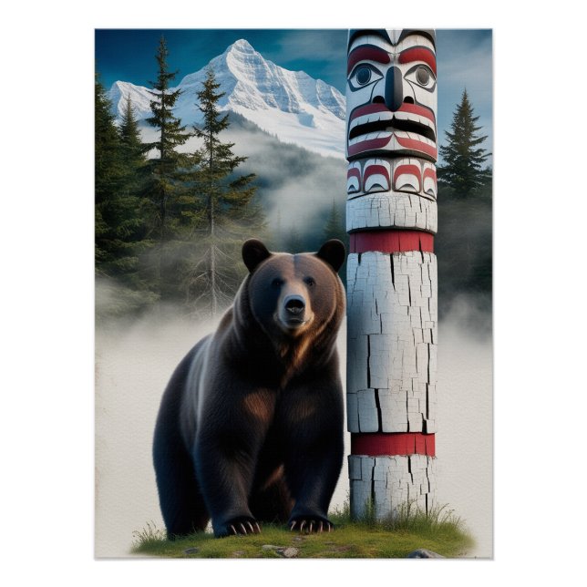 Pôster Urso Grizzly com Arte de Vida Selvagem Totem Pole (Frente)