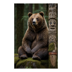 Pôster Urso Grizzly e Arte da Vida Selvagem Totem Polos