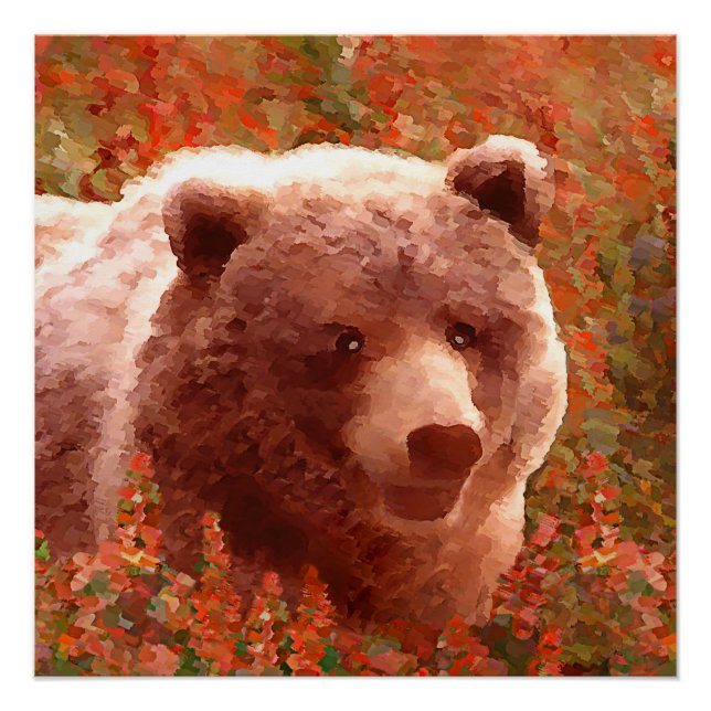 Pôster Urso Grizzly na Pintura de Arte Selvagem com Algas