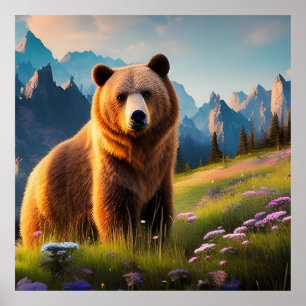 Poster Urso Grizzly no lado de montagem das flores