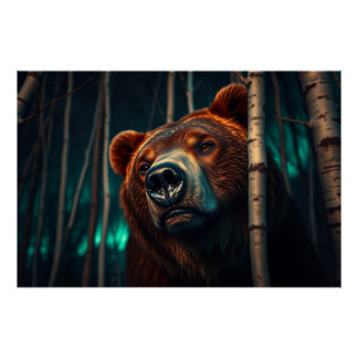 Pôster Urso Grizzly, Pássaros e Arte Aurora