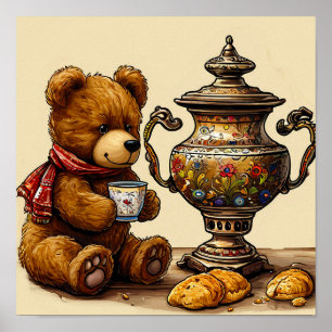 Poster Urso Kawaii Bebendo Chá Decoração Caprichosa para