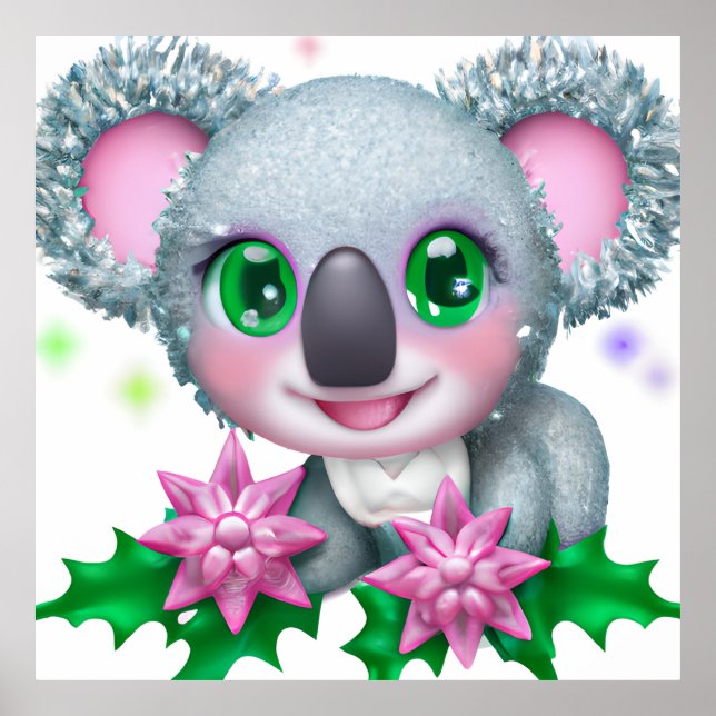 Poster Urso Kawaii Koala, bonito, com flores (Frente)