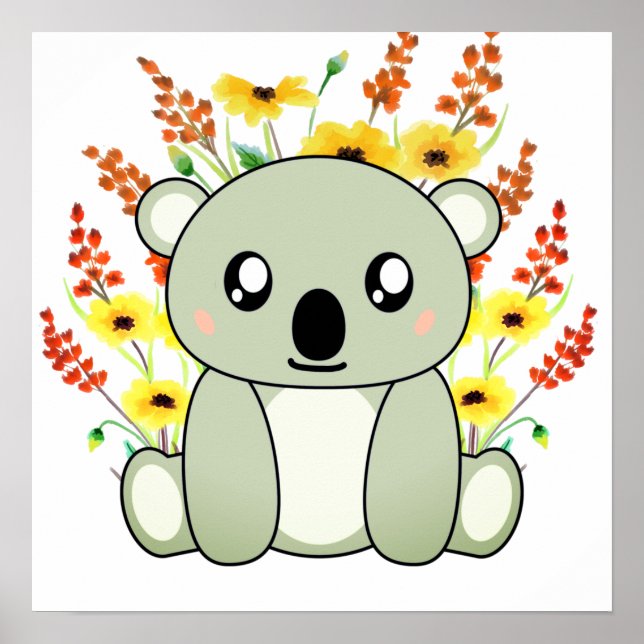 Poster Urso Koala Bonito com Flores (Frente)