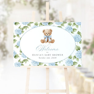 Poster Urso, Laço Azul, Flores Azuis, Boas-vindas ao Chá