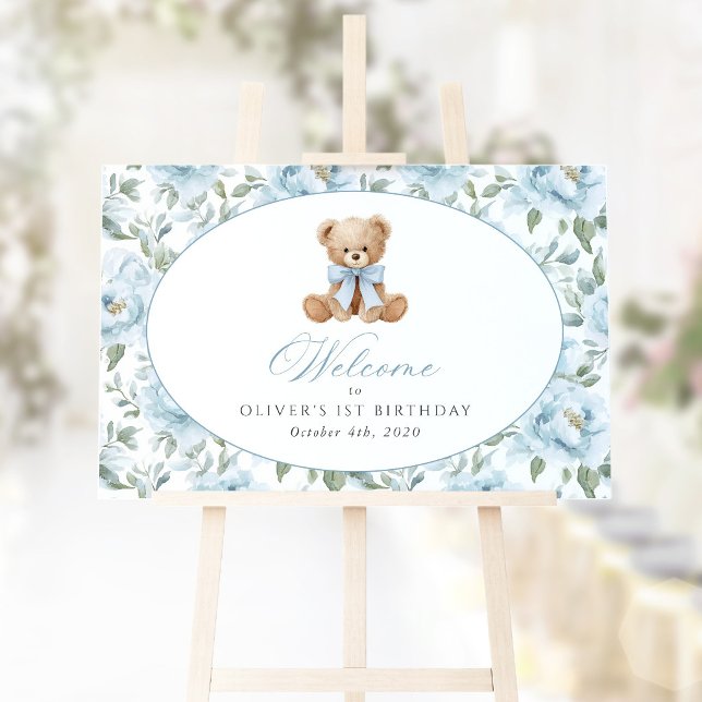 Poster Urso, Laço, Flores Azuis, Bem-vindo ao Primeiro An (Criador carregado)