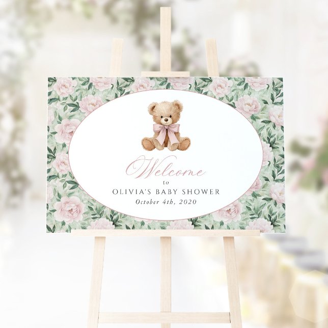 Poster Urso, Laço Rosa, Flores Rosas, Bem-vindo ao Chá de (Criador carregado)