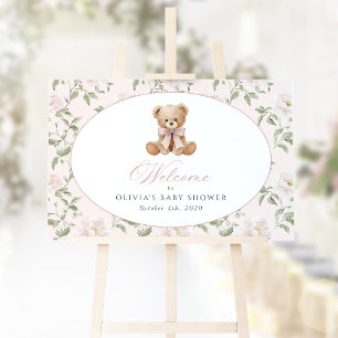 Poster Urso, Laço Rosa, Flores Rosas, Boas-Vindas ao Chá