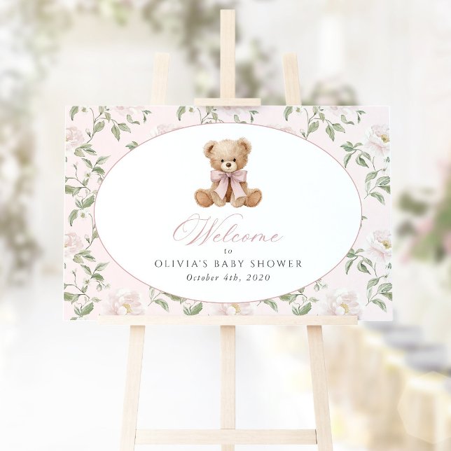 Poster Urso, Laço Rosa, Flores Rosas, Boas-Vindas ao Chá  (Criador carregado)