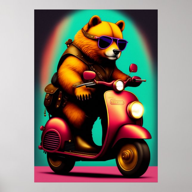 Poster Urso legal Andando um Patinete Rosa (Frente)