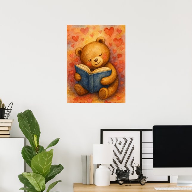 Poster Urso Leitor Apaixonado – Arte em Aquarela (Sem Tex (Escritório em casa)