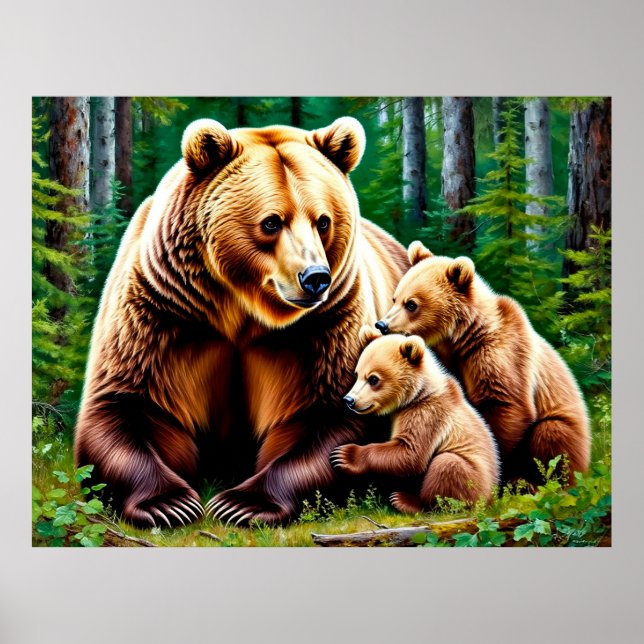 Poster Urso Mãe Com Filhotes em um Ambiente Florestal (Frente)