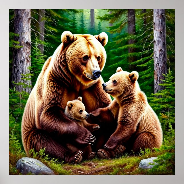Poster Urso Mãe Com Filhotes em um Ambiente Florestal (Frente)