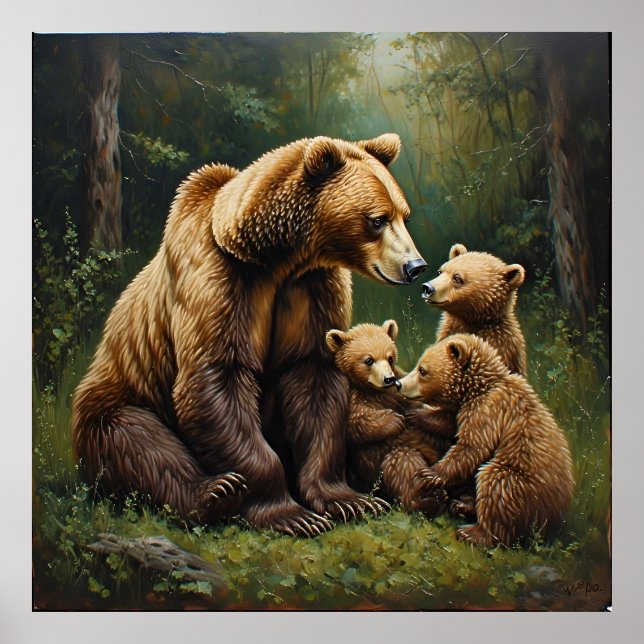 Poster Urso Mãe Com Filhotes em um Ambiente Florestal (Frente)