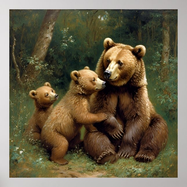 Poster Urso-mãe com filhotes em um cenário de floresta (Frente)
