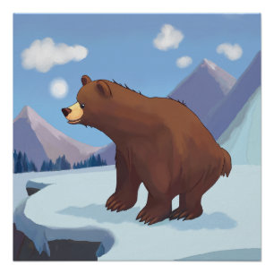 Pôster Urso marrom de desenho animado nas montanhas