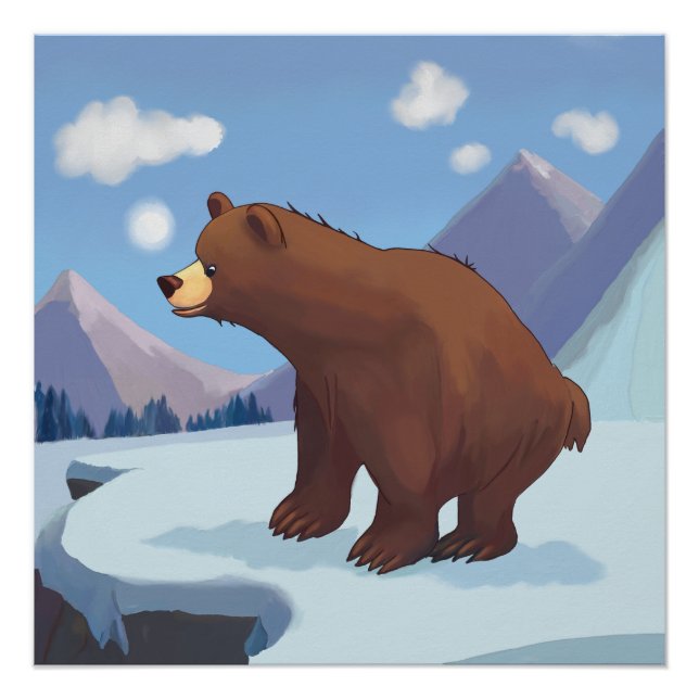 Pôster Urso marrom de desenho animado nas montanhas (Frente)