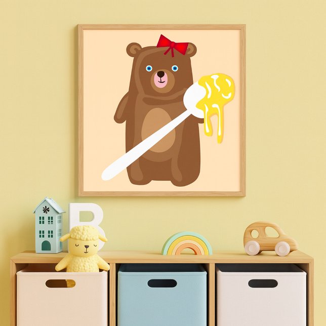 Poster Urso Mel Adorável com Colher E Arco Vermelho (Criador carregado)