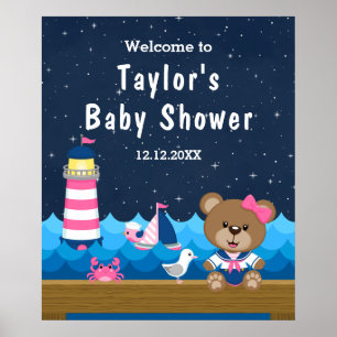 Poster Urso Menina Náutica Rosa Azul Marinho Bem-Vindo Ch
