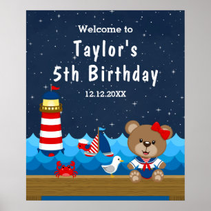 Poster Urso Menina Náutica Vermelho Marinha Aniversário B