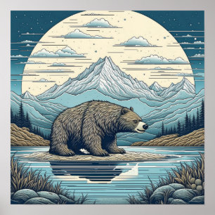 Poster Urso, Montanhas, Lago, Lua Cheia, Arte Ai