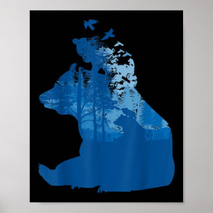Poster Urso Na Silhueta Da Floresta Da Natureza Pássaros 