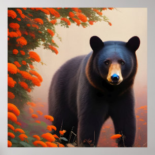 Poster Urso Negro em flores laranja