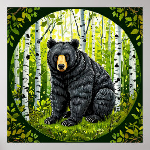 Poster Urso Negro em uma Floresta de Bétulas