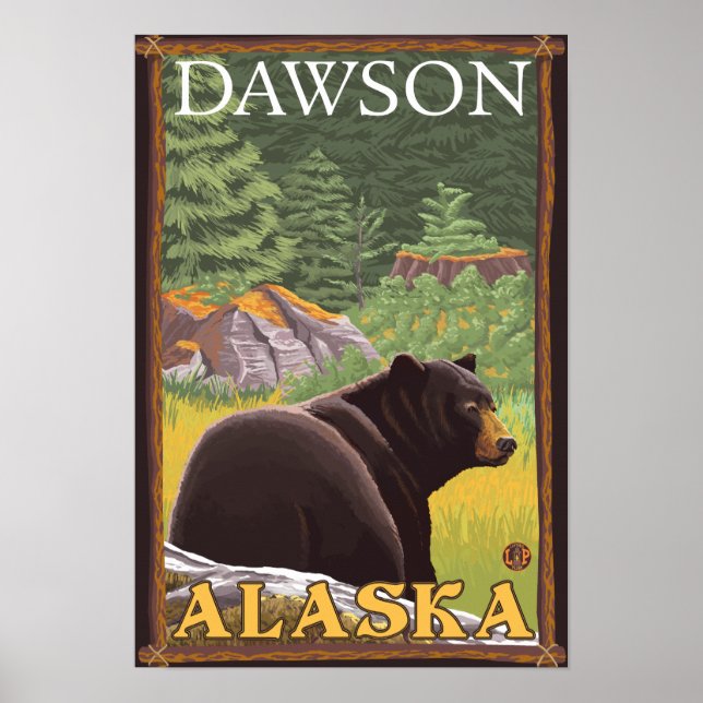 Pôster Urso Negro na Floresta - Dawson, Alasca (Frente)