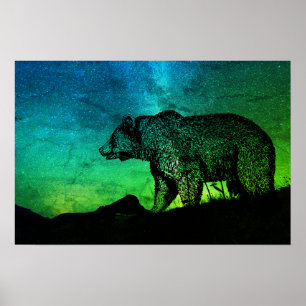 Pôster Urso Noturno E Aurora Borealis