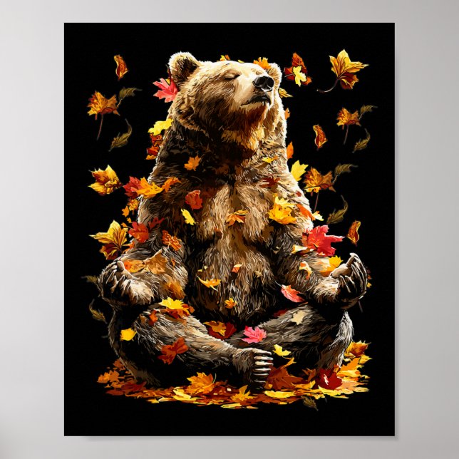 Poster Urso Pacífico Folhas de Outono Meditando Zen Anima (Frente)