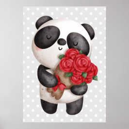 Poster Urso Panda Bonito com Rose Bouquet