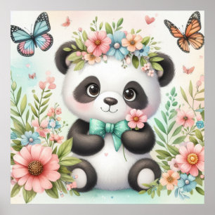 Poster Urso panda bonito e engraçado entre flores e aquar