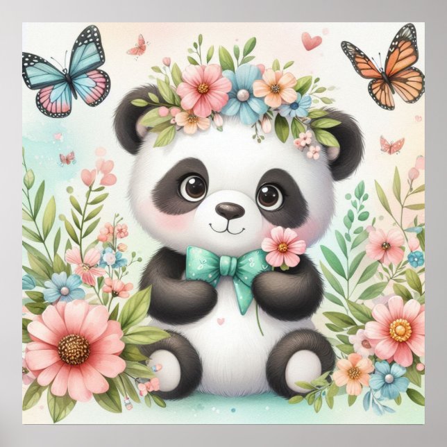 Poster Urso panda bonito e engraçado entre flores e aquar (Frente)
